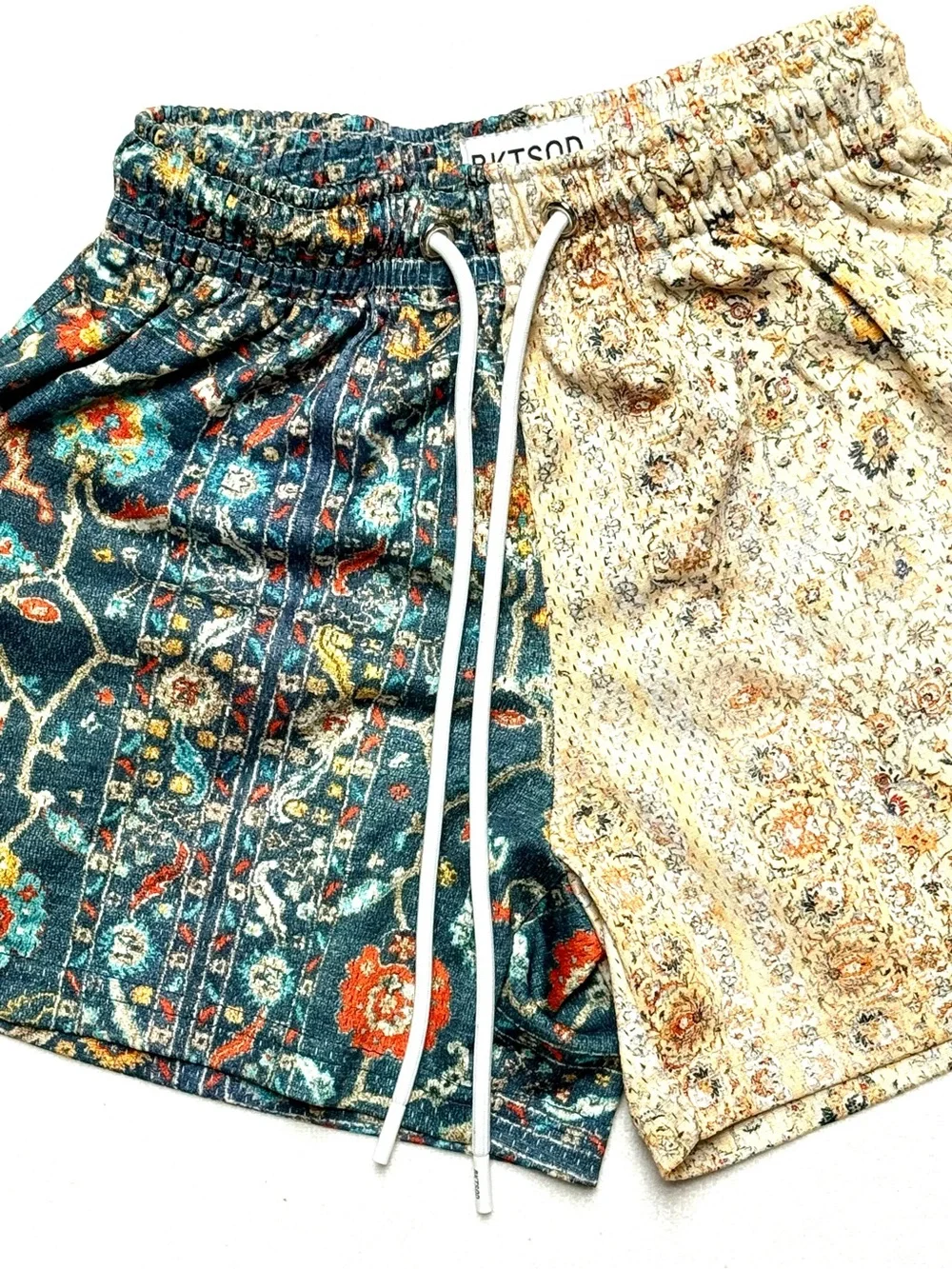 Paisley Split-Panel Athletic Shorts - Teal & Cream